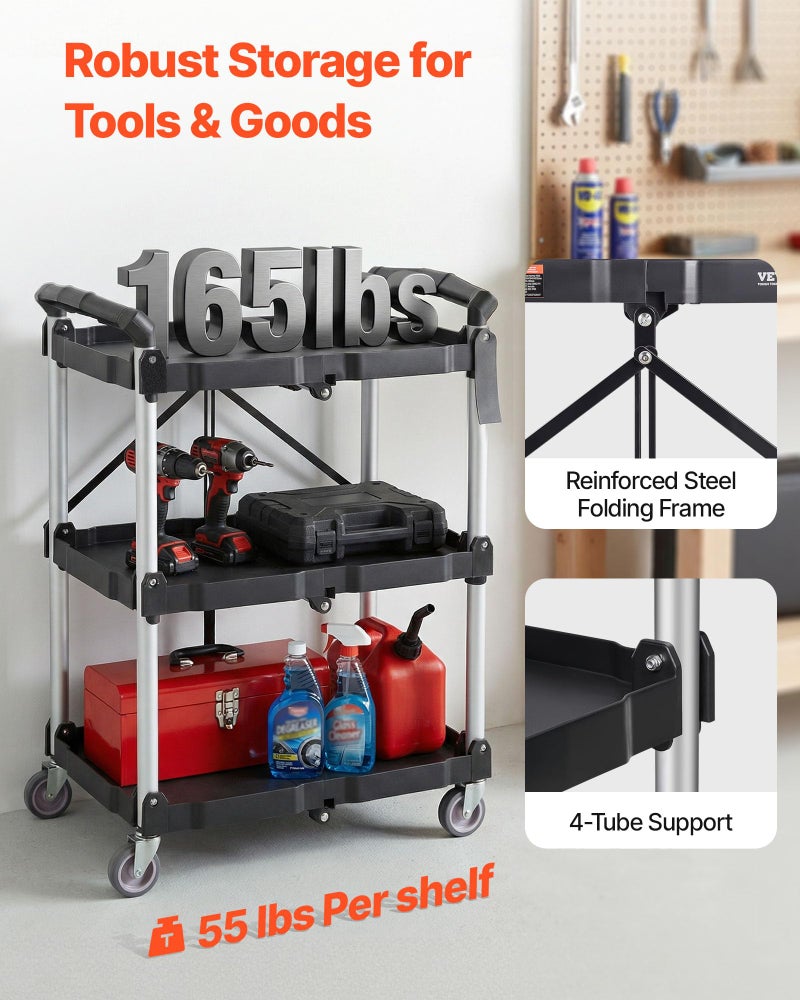 VEVOR Foldable Utility Service Cart, 165LBS 3 Shelf Heavy Duty Plastic Rolling Cart with 360Â° Swivel Wheels (2 with Brakes), Ergonomic Handle, Portable Garage Tool Cart for Warehouse Office Home - Image 3