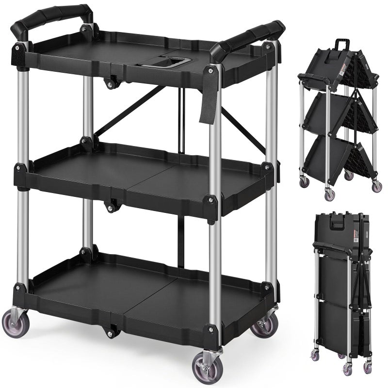 VEVOR Foldable Utility Service Cart, 165LBS 3 Shelf Heavy Duty Plastic Rolling Cart with 360Â° Swivel Wheels (2 with Brakes), Ergonomic Handle, Portable Garage Tool Cart for Warehouse Office Home - Image 1