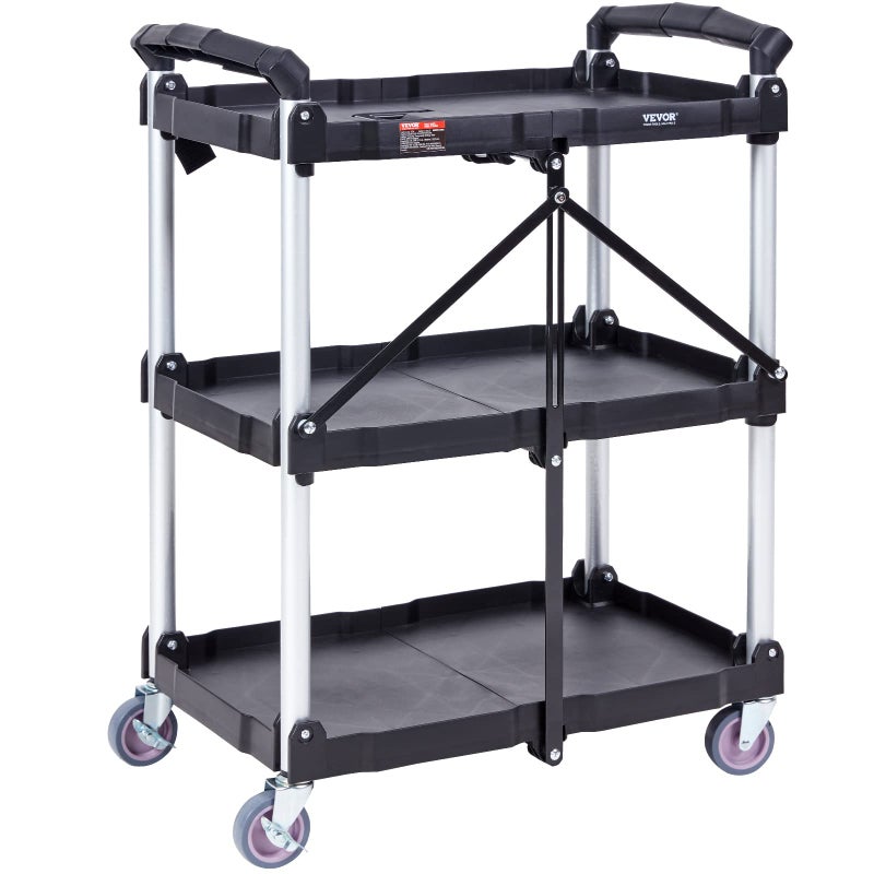 VEVOR Foldable Utility Service Cart, 165LBS 3 Shelf Heavy Duty Plastic Rolling Cart with 360Â° Swivel Wheels (2 with Brakes), Ergonomic Handle, Portable Garage Tool Cart for Warehouse Office Home - Image 4