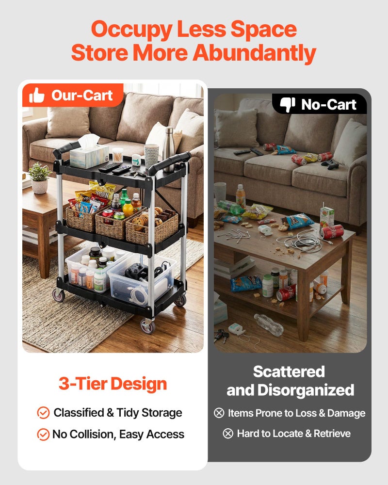 VEVOR Foldable Utility Service Cart, 165LBS 3 Shelf Heavy Duty Plastic Rolling Cart with 360Â° Swivel Wheels (2 with Brakes), Ergonomic Handle, Portable Garage Tool Cart for Warehouse Office Home - Image 5