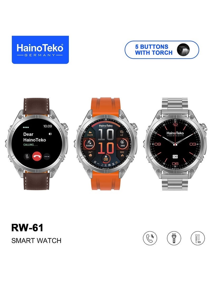 Haino Teko RW-61 Smartwatch Silver – Stylish Round AMOLED Display with Built-in Flashlight, Waterproof Design, 3 Pairs of Interchangeable Straps, Heart Rate Monitor, Sleep Tracking, Multi-Sport Modes, Long Battery Life, Charging Cable Included, Designed for Ladies & Gents - Image 1