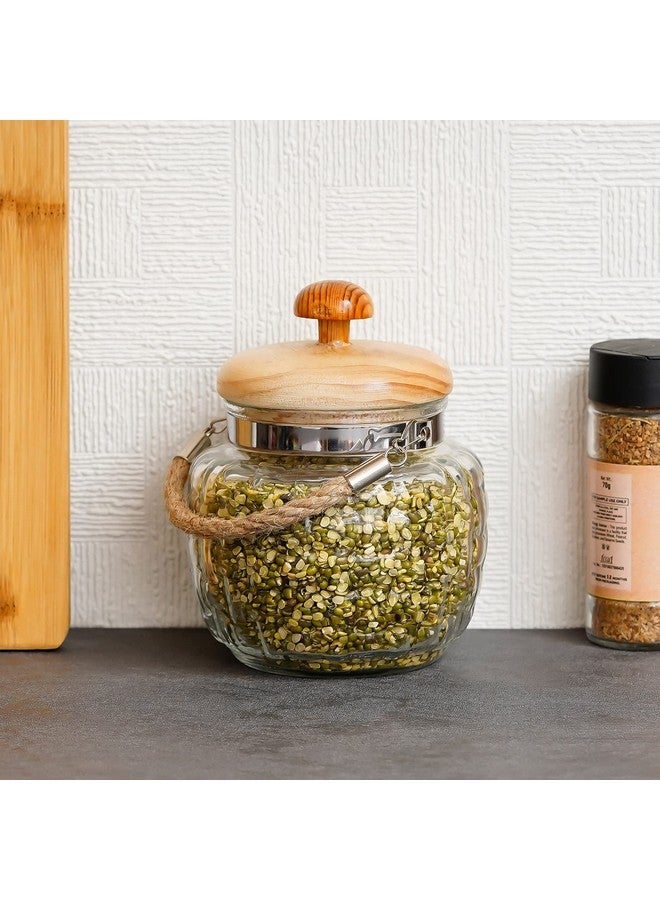 Femora Femora Embossed Glass Jars for Kitchen| Kitchen Storage Jars| Wooden Lid & Jute Chain Glass Jars| 1 Year Warranty| Airtight| Jars for Snacks, Fry Food, Masala, Spice, Pickle, Cookies| 500ml| Set of 4 - Image 5