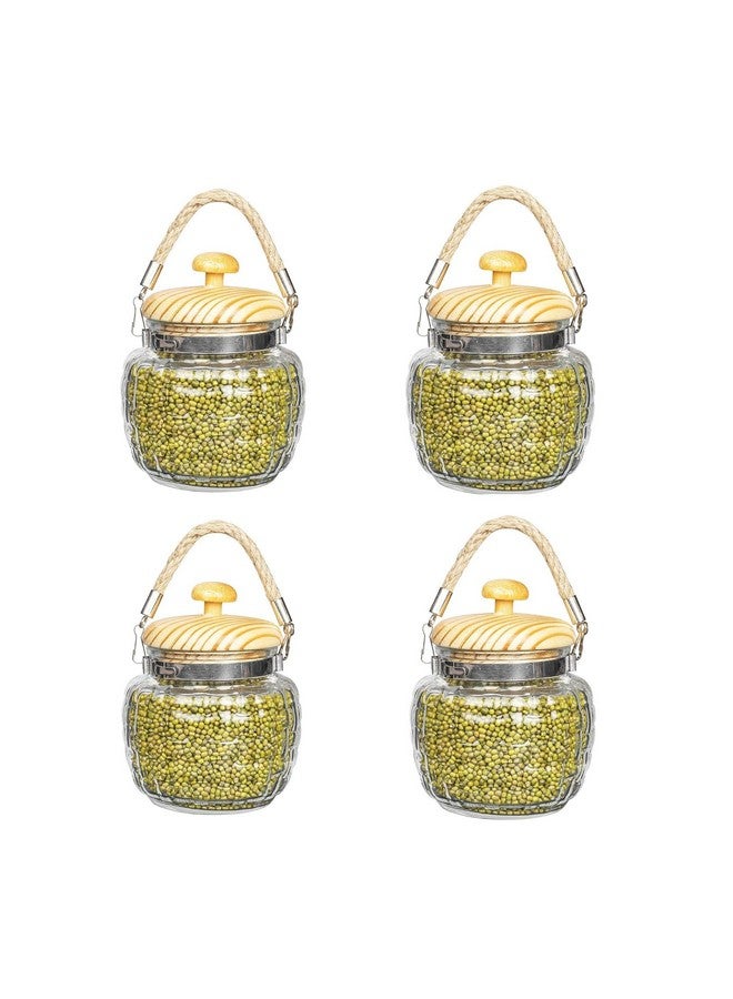 Femora Femora Embossed Glass Jars for Kitchen| Kitchen Storage Jars| Wooden Lid & Jute Chain Glass Jars| 1 Year Warranty| Airtight| Jars for Snacks, Fry Food, Masala, Spice, Pickle, Cookies| 500ml| Set of 4 - Image 2