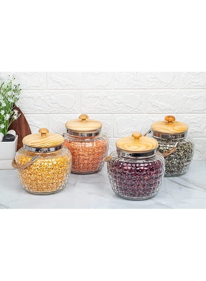 Femora Femora Embossed Glass Jars for Kitchen| Kitchen Storage Jars| Wooden Lid & Jute Chain Glass Jars| 1 Year Warranty| Airtight| Jars for Snacks, Fry Food, Masala, Spice, Pickle, Cookies| 500ml| Set of 4 - Image 1