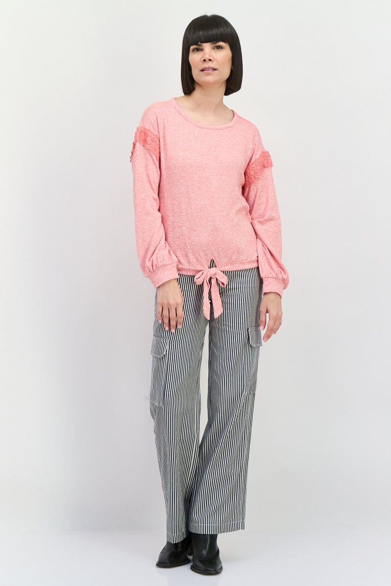 89th + Madison Women Round Neck Long Sleeves Crochet Applique Blouse, Pink - Image 3