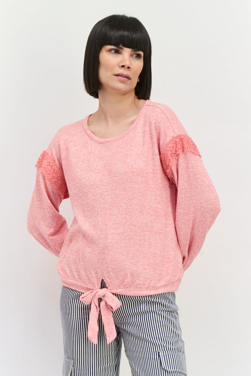89th + Madison Women Round Neck Long Sleeves Crochet Applique Blouse, Pink - Image 1
