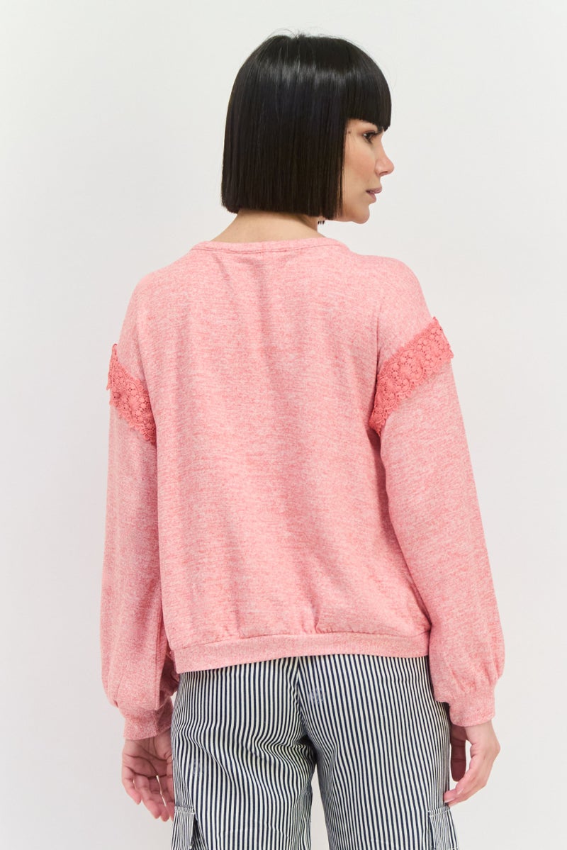 89th + Madison Women Round Neck Long Sleeves Crochet Applique Blouse, Pink - Image 2