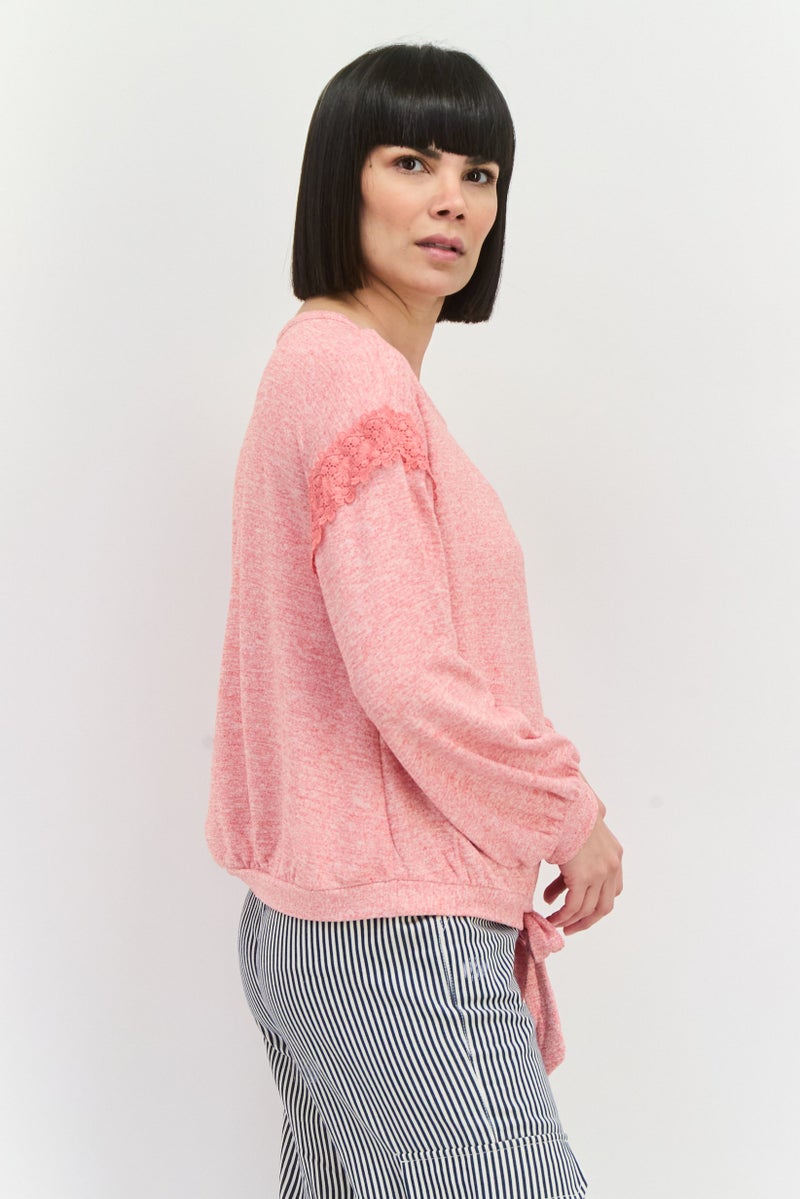 89th + Madison Women Round Neck Long Sleeves Crochet Applique Blouse, Pink - Image 4