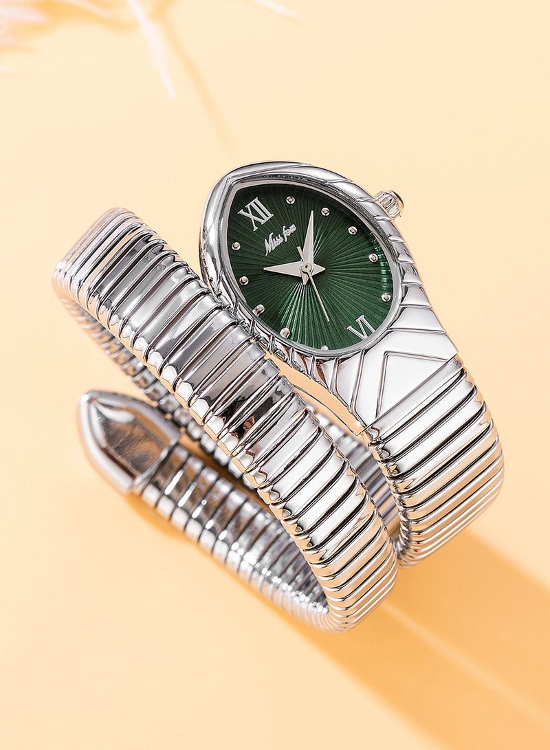 MISS FOX Women's Fashion Ins Watch Snake Head Dial Wrapped Elastic Strap Watch Snake Quartz Watch - Image 4