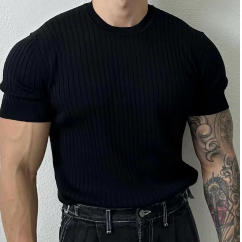 Summer Thin Round Neck Short-sleeved Sweater Men's Slim-fit Stretch Trendy All-match Design Sense Vertical Stripe Half-sleeved T-shirt - Image 4