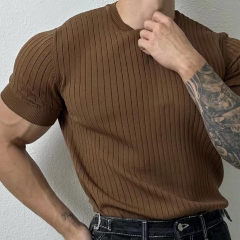 Summer Thin Round Neck Short-sleeved Sweater Men's Slim-fit Stretch Trendy All-match Design Sense Vertical Stripe Half-sleeved T-shirt - Image 5