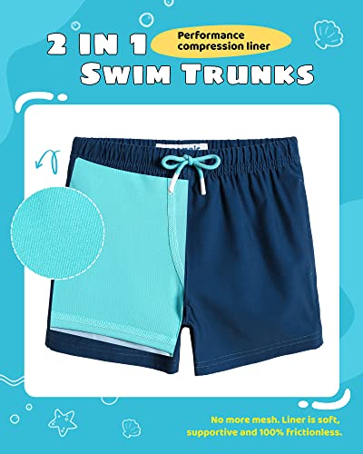 maamgic Boys Swim Trunks with Compression Liner Toddler Stretch Swim Shorts Quick Dry Swimming Trunks Boxer Brief 2 in 1 Beach Shorts Navy Lake Blue 5/6 - Image 3