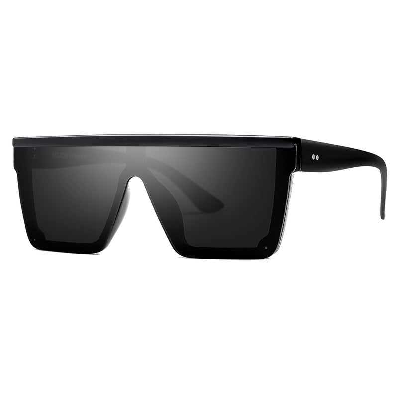 SOJOS Square Big Sunglasses Women Thick Frame Flat Top Mirrored Sunnies Shades Goggle Siamese Lens SJ2117 with Black Frame/Grey Lens - Image 1