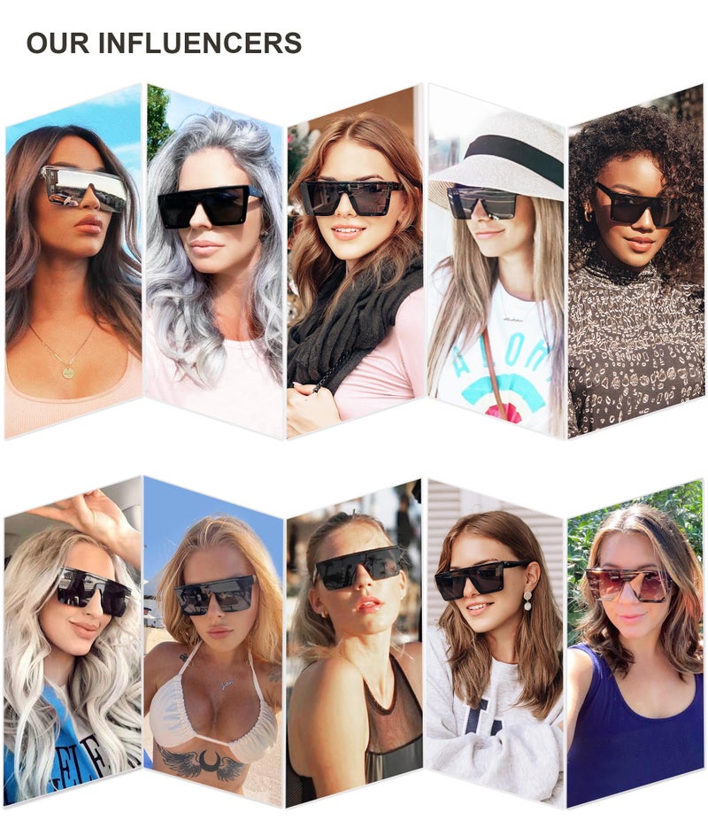SOJOS Square Big Sunglasses Women Thick Frame Flat Top Mirrored Sunnies Shades Goggle Siamese Lens SJ2117 with Black Frame/Grey Lens - Image 2