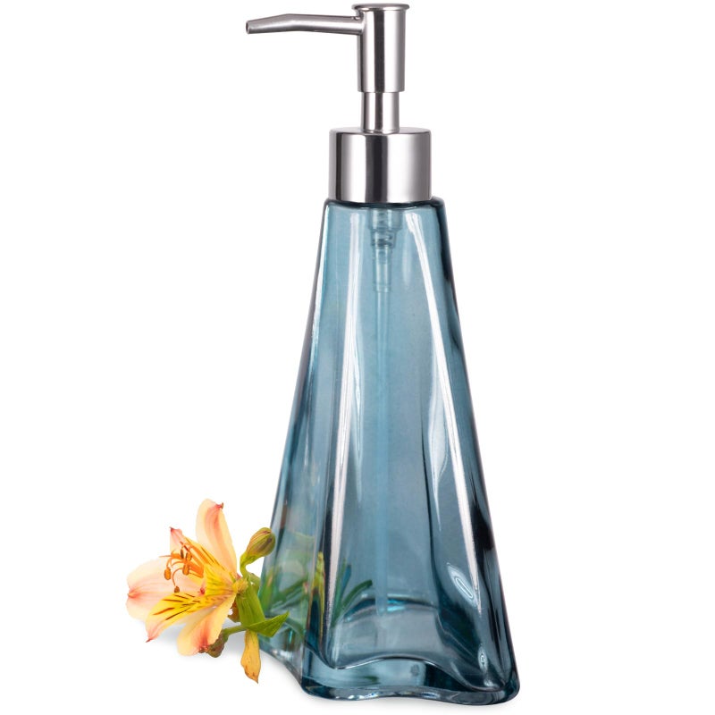 Empo Vintage Elegant Glass Soap Dispenser  Liquid Soap/Sanitizer/Shampoo Bottle With Golden Abs Pump  Rustic Farmhouse Decor Hand Soap Dispenser Bathroom Accessories (Ripple Yale-Blue) - Image 1