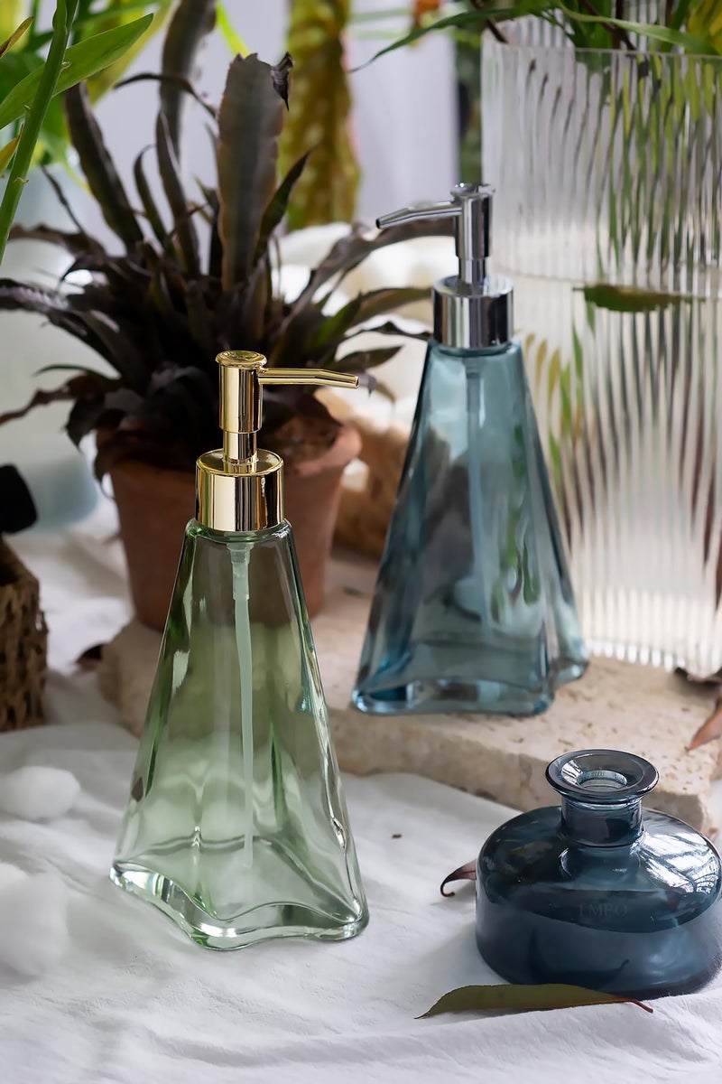 Empo Vintage Elegant Glass Soap Dispenser  Liquid Soap/Sanitizer/Shampoo Bottle With Golden Abs Pump  Rustic Farmhouse Decor Hand Soap Dispenser Bathroom Accessories (Ripple Yale-Blue) - Image 2