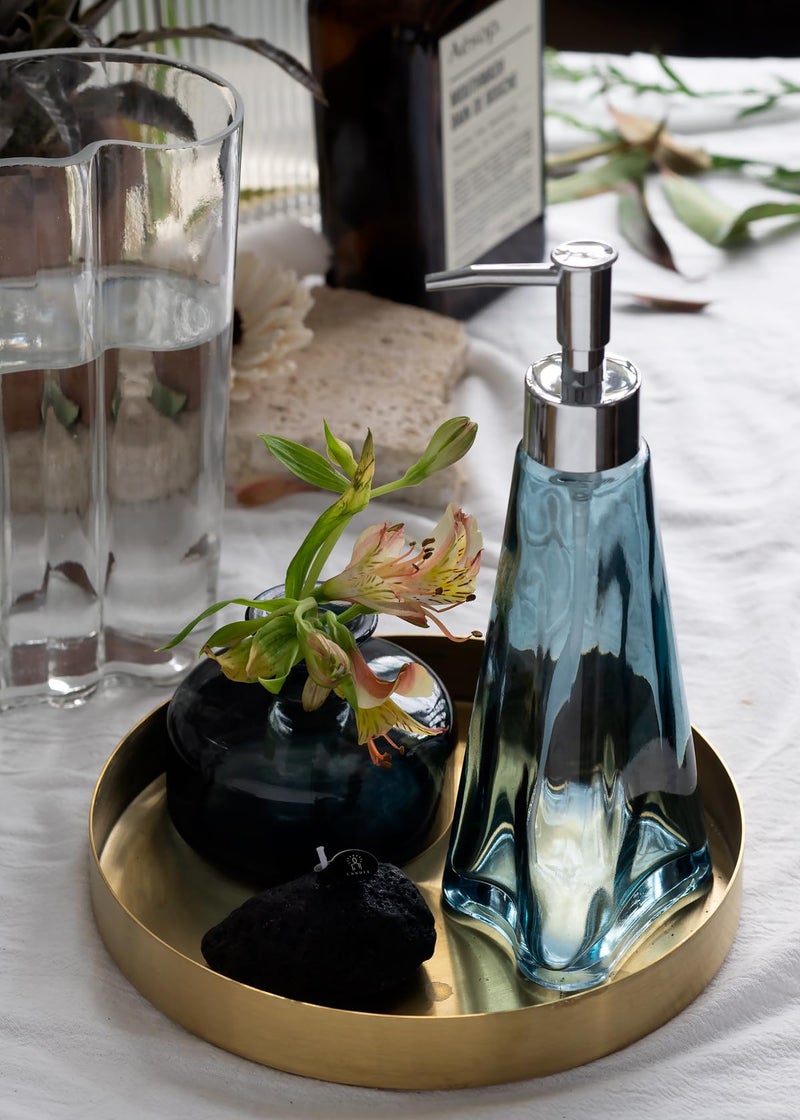 Empo Vintage Elegant Glass Soap Dispenser  Liquid Soap/Sanitizer/Shampoo Bottle With Golden Abs Pump  Rustic Farmhouse Decor Hand Soap Dispenser Bathroom Accessories (Ripple Yale-Blue) - Image 4