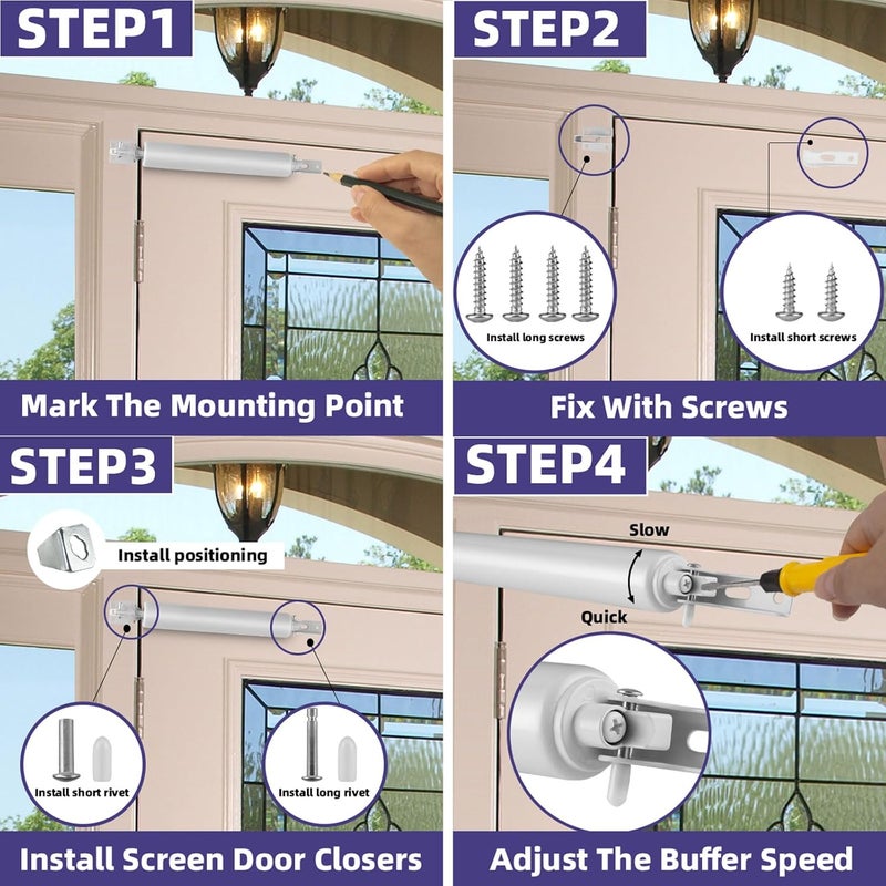 Dluno 2 Set White Screen Door Closers, Storm Door Closer Heavy Duty Screen Door Shock Adjustable Cushion Speed Screen Door Pneumatic Closer, Screen Security Doors Storm Door Shocks Smooth Door Closer - Image 4