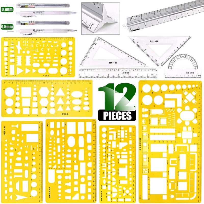 Keadic 12Pcs Geometric Drawings Templates, Geometry Ruler Plastic, Clear Shape Template Yellow Architect Scale Measuring Ruler Drafting Stencils Measuring Tools for Designing and Building - Image 1