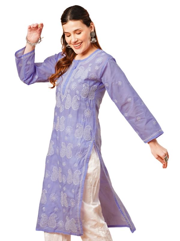 Ada Hand Embroidered Lucknowi Chikankari Cotton Kurti Kurta for Women A411610 Mauve (S) - Image 1
