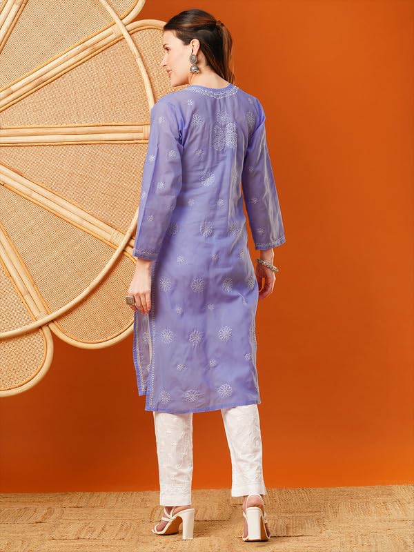 Ada Hand Embroidered Lucknowi Chikankari Cotton Kurti Kurta for Women A411610 Mauve (S) - Image 2