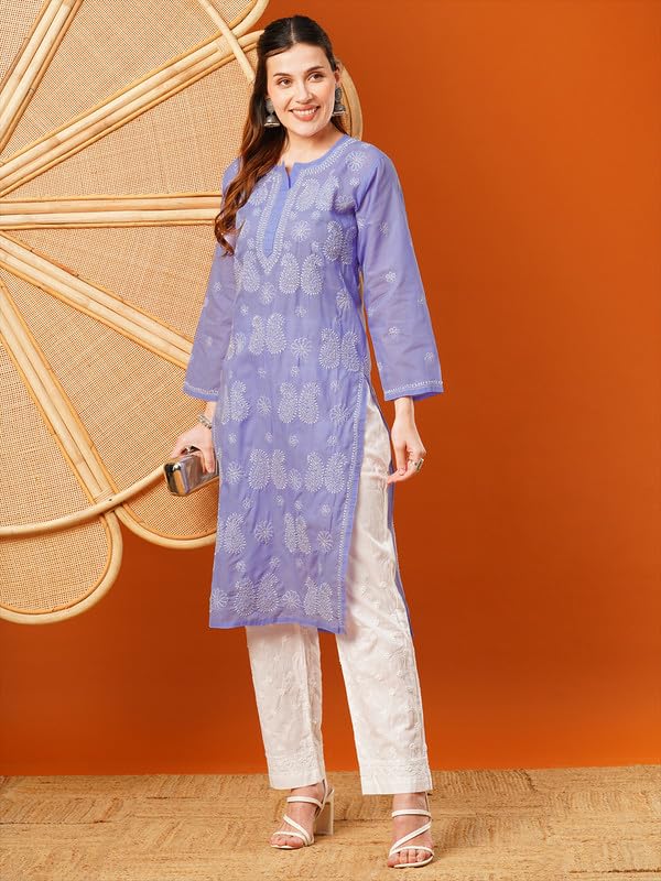 Ada Hand Embroidered Lucknowi Chikankari Cotton Kurti Kurta for Women A411610 Mauve (S) - Image 5