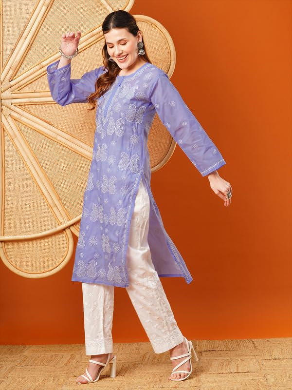Ada Hand Embroidered Lucknowi Chikankari Cotton Kurti Kurta for Women A411610 Mauve (S) - Image 4