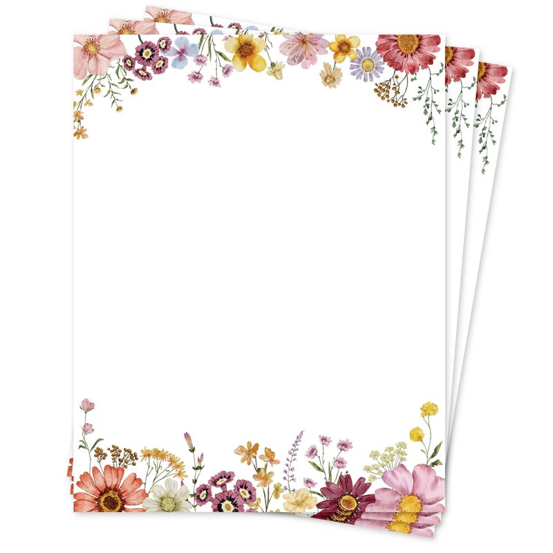 THiNKABLE Flower Paper Stationery, Floral Letterhead Paper 8.5 x 11 Inches, 50 Sheets, Elegant Writing Paper, Pretty Stationary Paper, Decorative Printer Papr, Spring Wildflower Letter Paper Set - Image 1