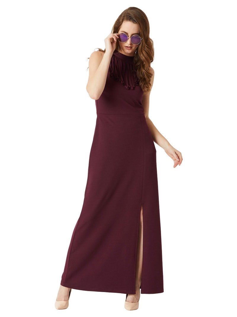 Miss Chase Women's Designer Wine Red Halter Neck Sleeveless Solid Maxi Front Slit Dress(MCAW18D13-04-184-03, Wine Red, Small) - Image 2