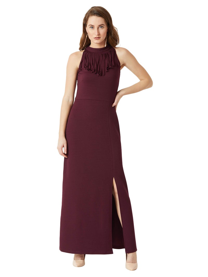 Miss Chase Women's Designer Wine Red Halter Neck Sleeveless Solid Maxi Front Slit Dress(MCAW18D13-04-184-03, Wine Red, Small) - Image 1