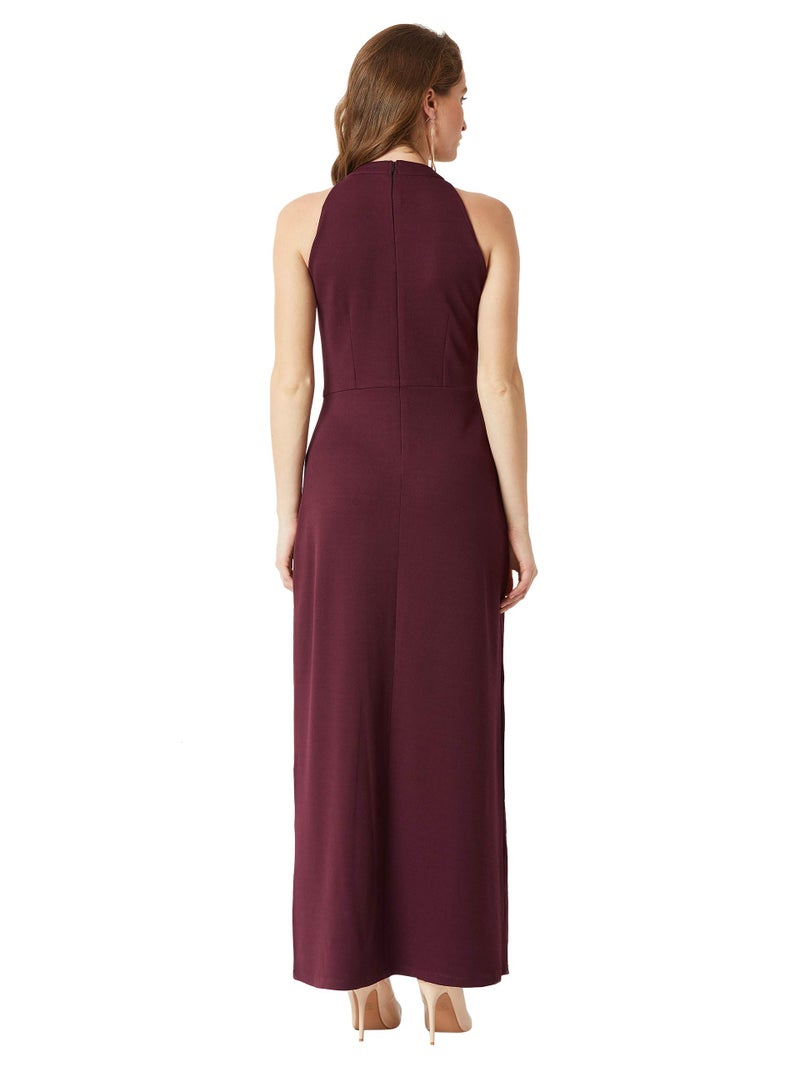 Miss Chase Women's Designer Wine Red Halter Neck Sleeveless Solid Maxi Front Slit Dress(MCAW18D13-04-184-03, Wine Red, Small) - Image 4