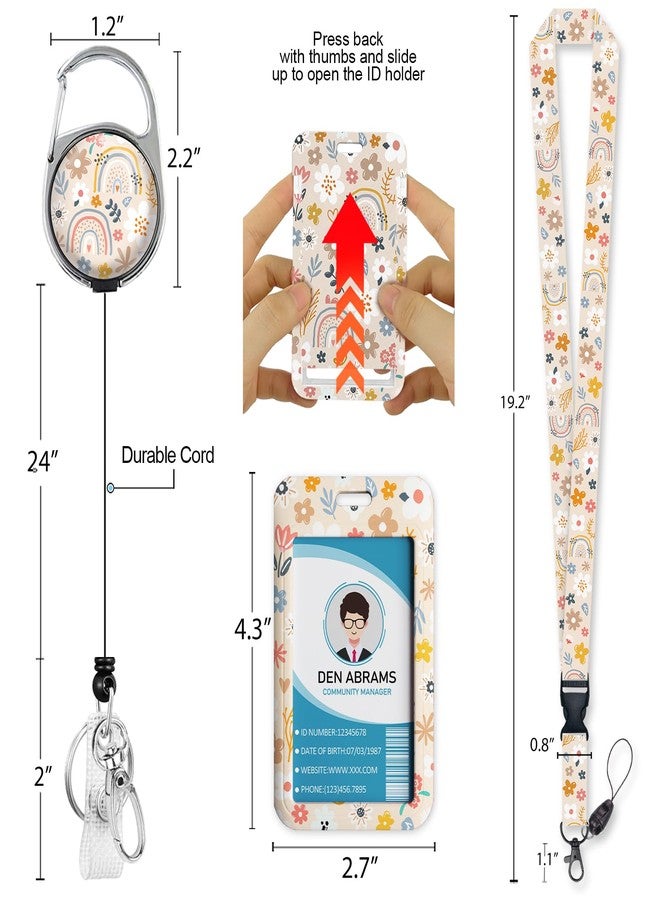 Piefly Lanyards for Id Badges, Boho Flowers Rainbows Badge Holder with Retractable Reel Belt Clip, Cute Work Name Tag Lanyard Vertical ID Card Protector Case for Women Nurse Doctor Teacher Student - Image 5