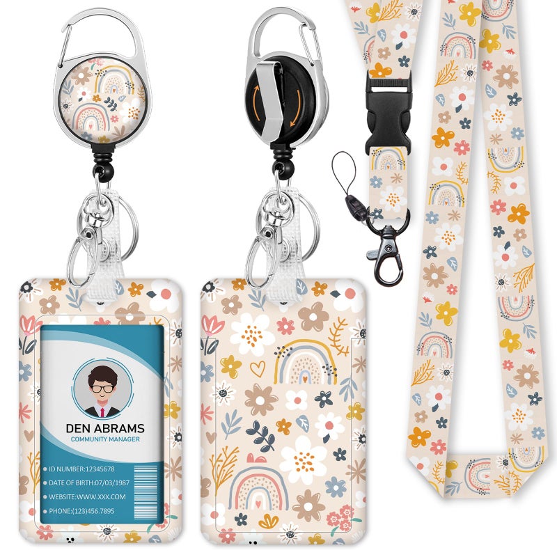 Piefly Lanyards for Id Badges, Boho Flowers Rainbows Badge Holder with Retractable Reel Belt Clip, Cute Work Name Tag Lanyard Vertical ID Card Protector Case for Women Nurse Doctor Teacher Student - Image 1
