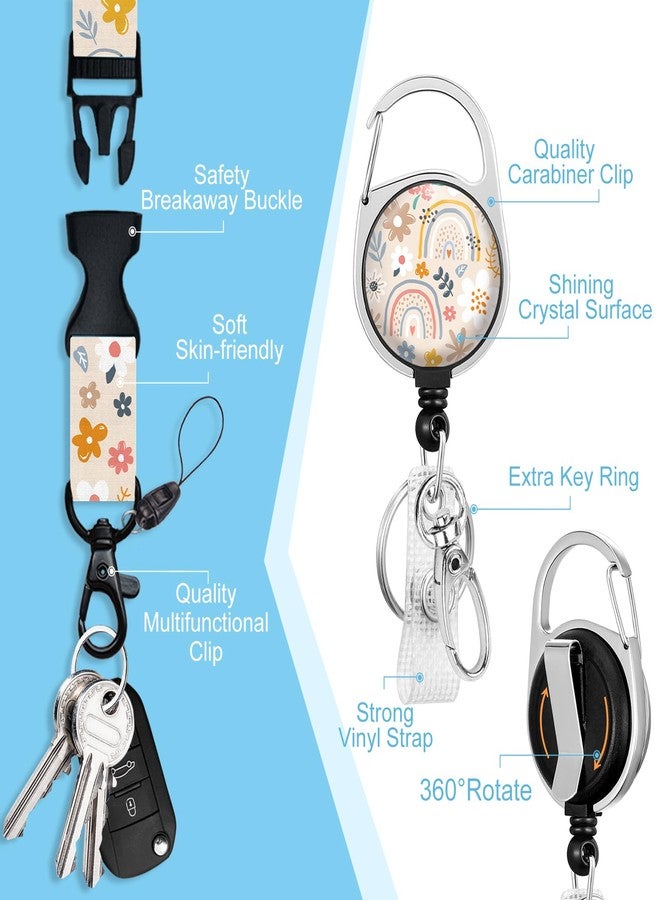 Piefly Lanyards for Id Badges, Boho Flowers Rainbows Badge Holder with Retractable Reel Belt Clip, Cute Work Name Tag Lanyard Vertical ID Card Protector Case for Women Nurse Doctor Teacher Student - Image 4