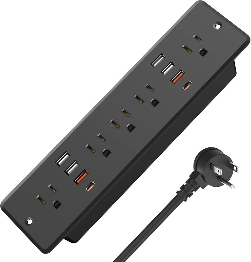١٣ في ١ شريط طاقة غائر مع قابس مسطح، منفذ أثاث سريع الشحن مع USB، مقبس حماية من زيادة التيار غائر للمؤتمرات مع ٥ مقابس تيار متردد، ٦ منافذ USB ٢ USB-C، سلك طاقة ٦ أقدام. (أسود) - Image 1