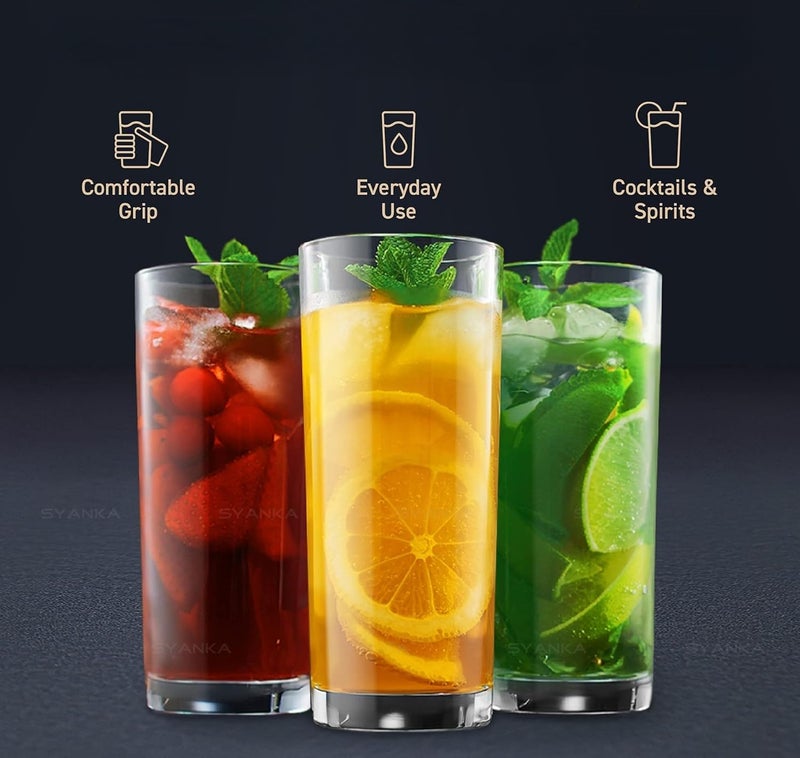 SYANKA Italian Premium Water and Juice Glasses Set of 6 Transparent 300ml Drinking Water Glasses Stylish and Crystal Highball Glasses for Water Juice and Cocktails - Image 2