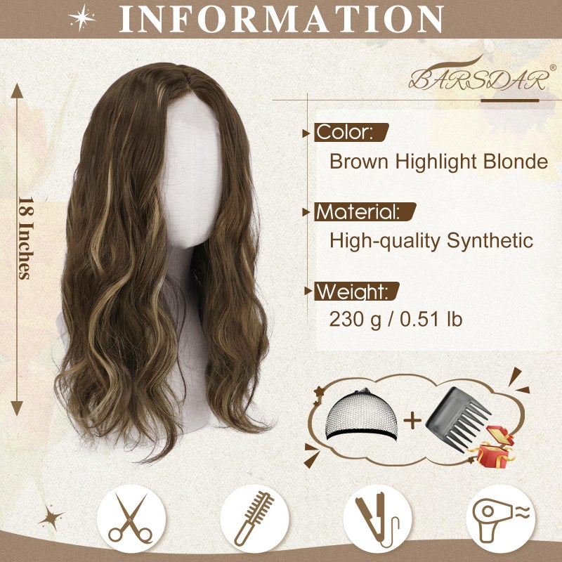 BARSDAR Wavy Brown Highlight Wig - 18 Inch Medium Length Brown Highlight Wigs for Women, Middle Part Natural Wavy Synthetic Shoulder Length Balayage Wigs Daily Party Halloween Wig - Image 2