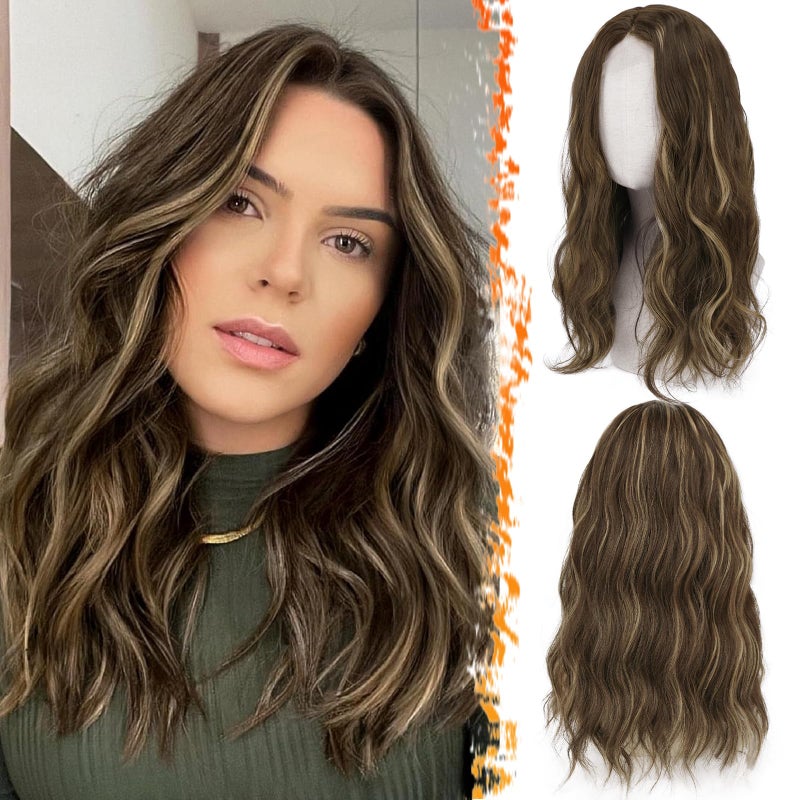 BARSDAR Wavy Brown Highlight Wig - 18 Inch Medium Length Brown Highlight Wigs for Women, Middle Part Natural Wavy Synthetic Shoulder Length Balayage Wigs Daily Party Halloween Wig - Image 1