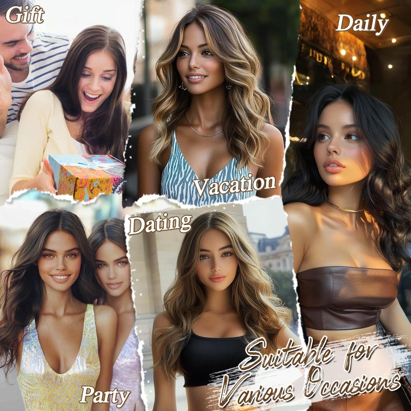 BARSDAR Wavy Brown Highlight Wig - 18 Inch Medium Length Brown Highlight Wigs for Women, Middle Part Natural Wavy Synthetic Shoulder Length Balayage Wigs Daily Party Halloween Wig - Image 5