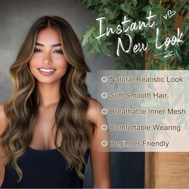 BARSDAR Wavy Brown Highlight Wig - 18 Inch Medium Length Brown Highlight Wigs for Women, Middle Part Natural Wavy Synthetic Shoulder Length Balayage Wigs Daily Party Halloween Wig - Image 3