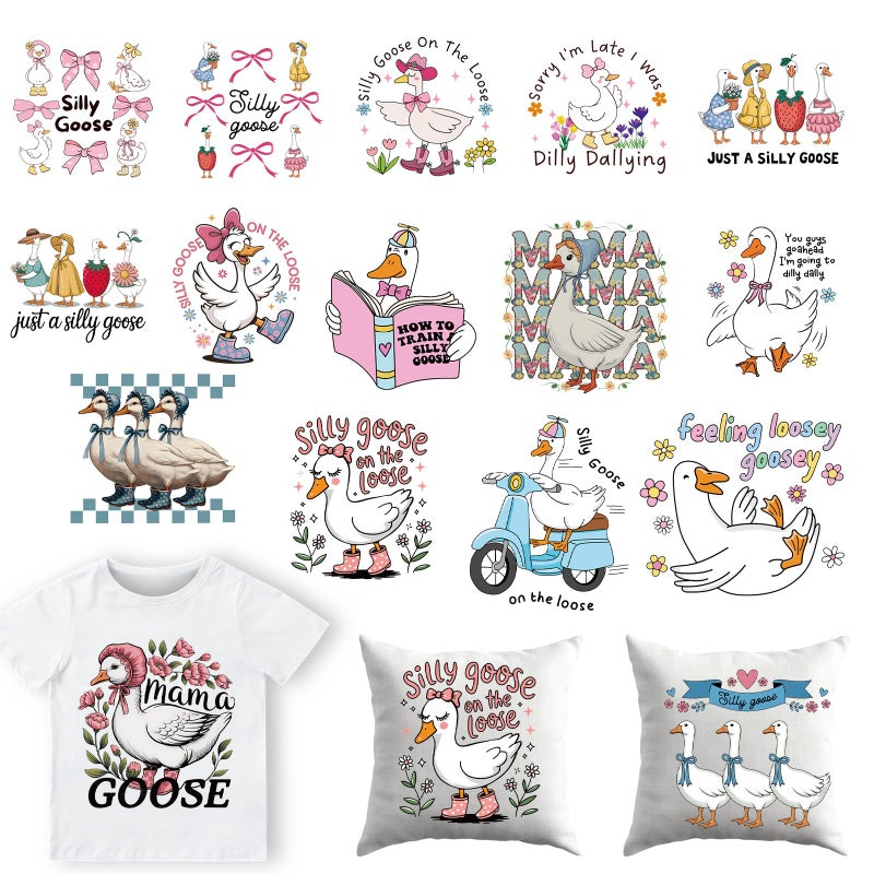 Dazoratix Silly Goose Iron on Transfers - 16 Sheets Cute DTF Ready to Press Heat Patches Stickers Funny Animal Vinyl Designs Decals for Women Girl T Shirts Clothing Clothes Pillow DIY Craft Decoration - Image 1