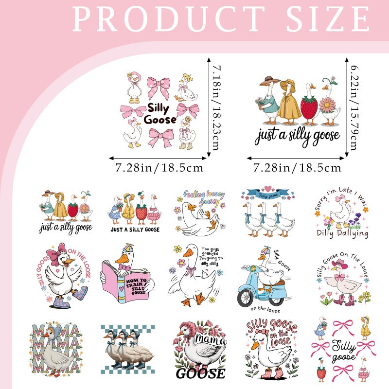 Dazoratix Silly Goose Iron on Transfers - 16 Sheets Cute DTF Ready to Press Heat Patches Stickers Funny Animal Vinyl Designs Decals for Women Girl T Shirts Clothing Clothes Pillow DIY Craft Decoration - Image 2