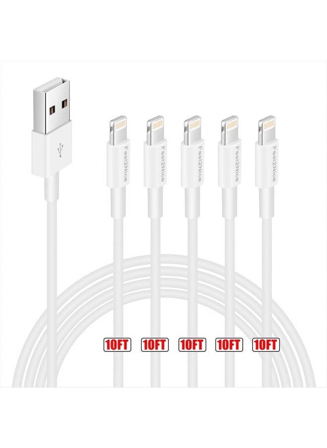 FEEL2NICE - iPhone Charger Fast Charging[Apple MFi Certified] 5pack 10FT Long Lightning Cable Fast High Speed Data Sync iPhone Charger Cord for iPhone 14/13/12/11 Pro Max/XS MAX/XR/XS/X/8/7/Plus airpods (White) - Image 1