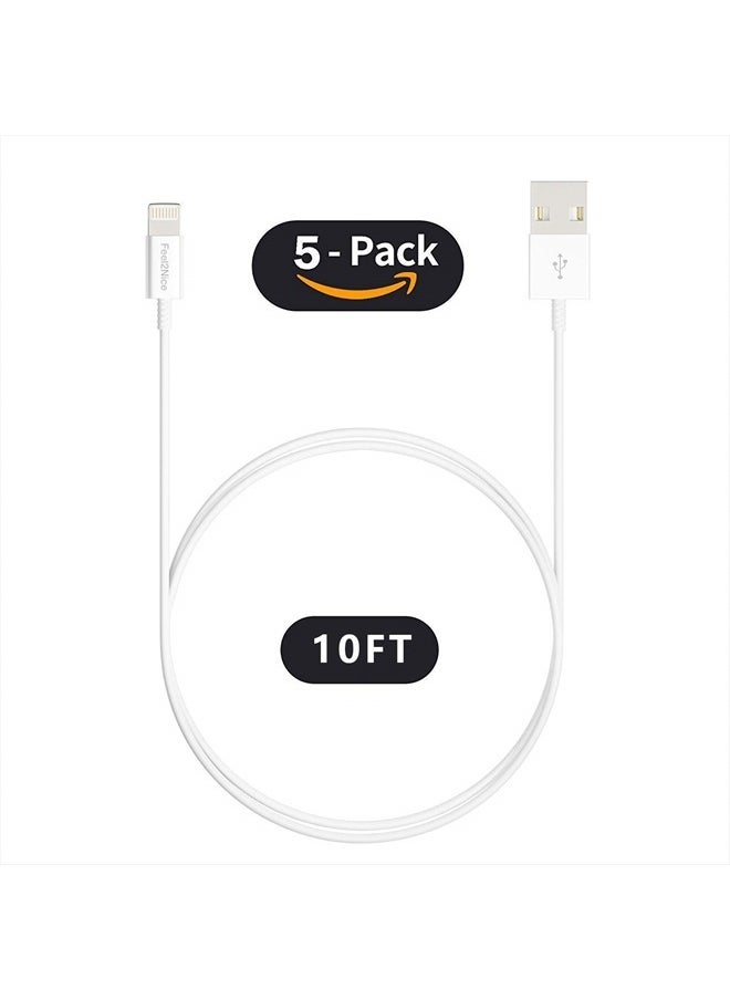 FEEL2NICE - iPhone Charger Fast Charging[Apple MFi Certified] 5pack 10FT Long Lightning Cable Fast High Speed Data Sync iPhone Charger Cord for iPhone 14/13/12/11 Pro Max/XS MAX/XR/XS/X/8/7/Plus airpods (White) - Image 1