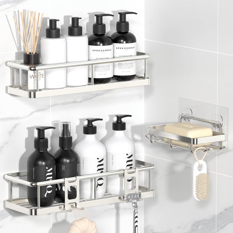 YASONIC Shower Caddy Adhesive, No Drill Bathroom Organizers, Rust Proof Shower Shelves, Wall-Mounted Shower Holder, Silver, 3 Pack - Image 1