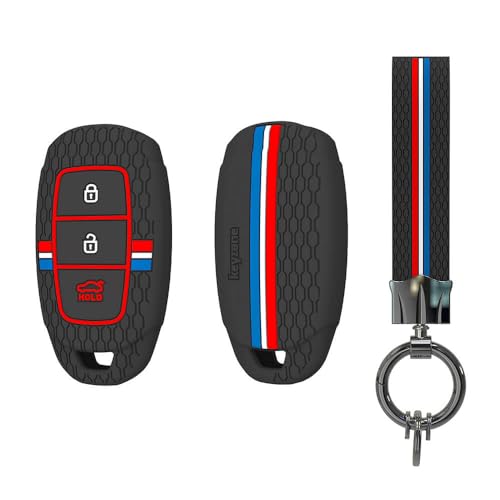 Keyzone® Striped Silicone Key Cover & Keychain Compatible for Hyundai i20, Kona, Verna 2018 Onwards 3 Button Smart Key (Black with Striped Black Keychain) - Image 4
