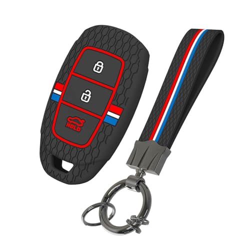 Keyzone® Striped Silicone Key Cover & Keychain Compatible for Hyundai i20, Kona, Verna 2018 Onwards 3 Button Smart Key (Black with Striped Black Keychain) - Image 1