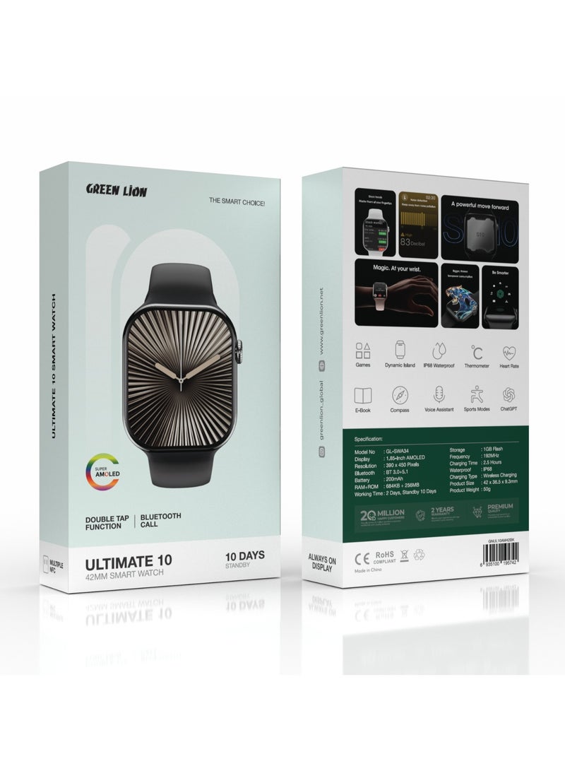 GREEN LION Ultimate 10 42MM Smart Watch / Voice Assistant / Sports Modes / ChatGPT / Heart Rate / Thermometer / 10 Days Standby / 2-3 Days Working Time / Double Tap Function /Super AMOLED / Bluetooth Call - Black - Image 2