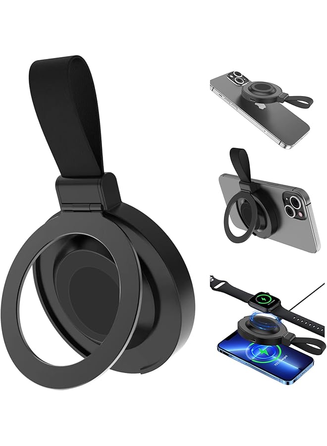 S-TOP 2-in-1 Magnetic Phone Ring Holder with Wireless Charging, Supports Apple Watch Charging, Magnetic Phone Grip Ring Holder for iPhone 16/15/14/13/12 Pro Max Plus-Black - Image 1