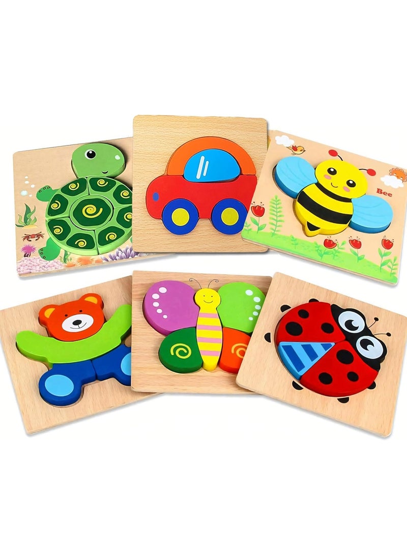 Wooden Animal Puzzles for Toddlers 1 2 3 Years Old - Educational Toys Gift for Boys & Girls with 5 Animal Patterns & 1 Car, Vibrant Colors, Durable Safe Design, Includes Gift Box for Kids Learn - Image 1